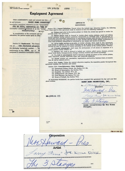 Three Stooges Employment Contract for ''The Outer Space Picture'', Dated March 1959 -- Signed Moe Howard, Larry Fine & Joe DeRita -- 28pp. Contract Measures 8.5'' x 11'' -- Very Good to Near Fine